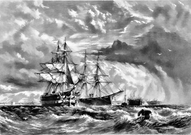 海上船黑白油画背景