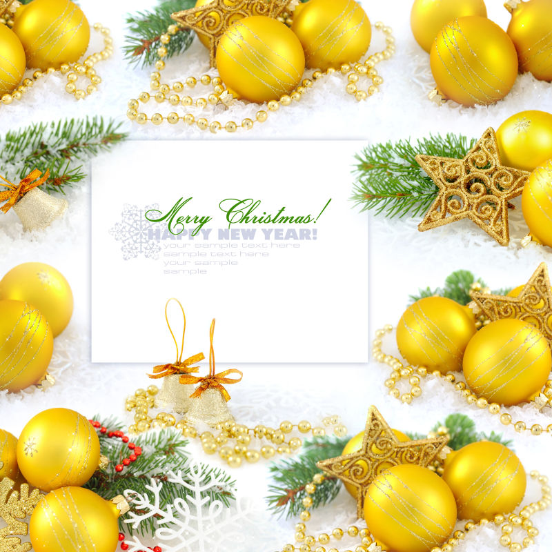黄色小球装饰的圣诞卡片