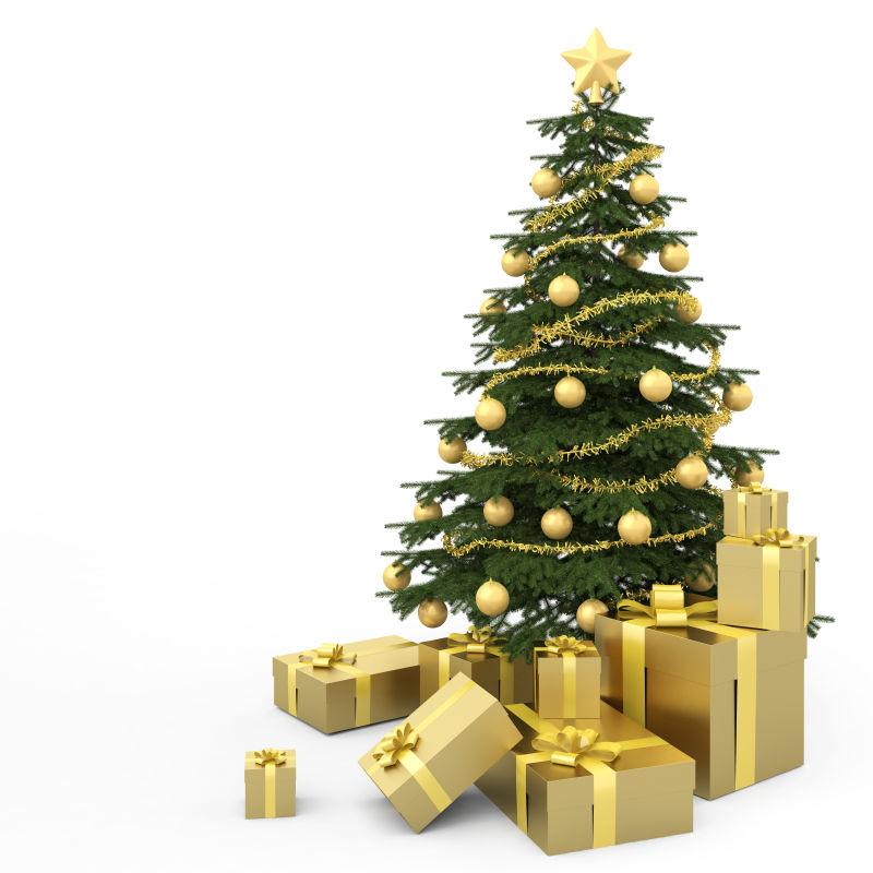 白色背景下缠绕着金色丝带的圣诞树和礼物盒