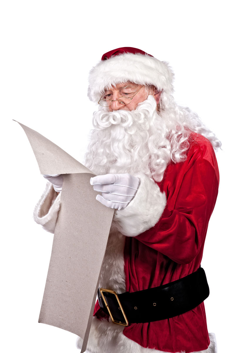 白色背景中的圣诞老人阅读礼品单