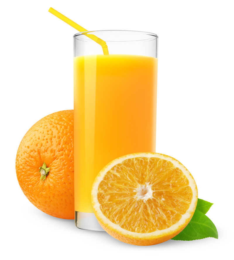 白色背景橙子和橙汁