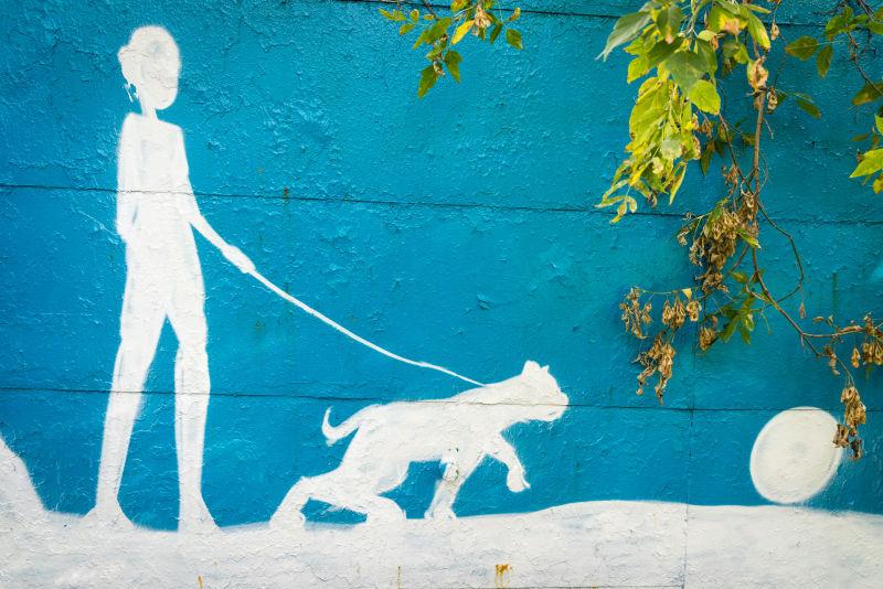 男人和狗一起散步的涂鸦