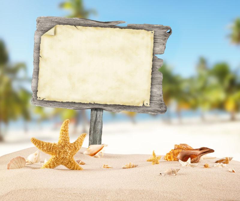 夏日沙滩上的木板和海星贝壳