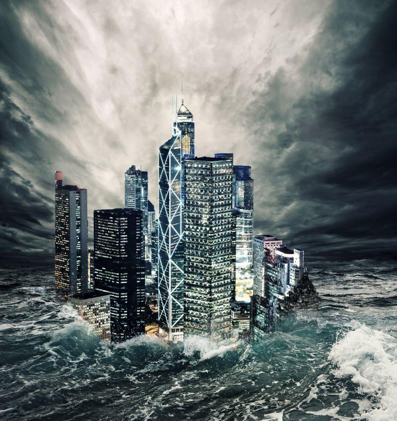 海啸包围下的现代城市