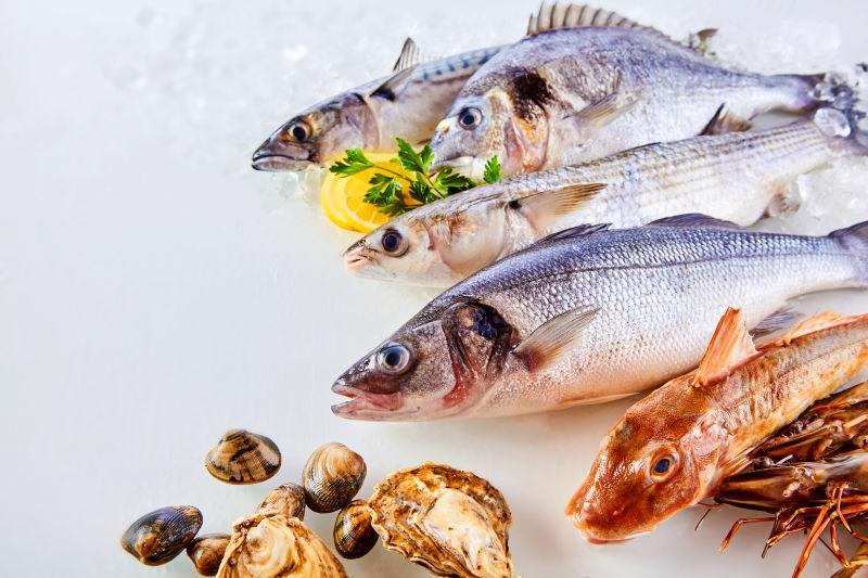 白色桌上的新鲜生鱼贝类和白海味等海鲜产品