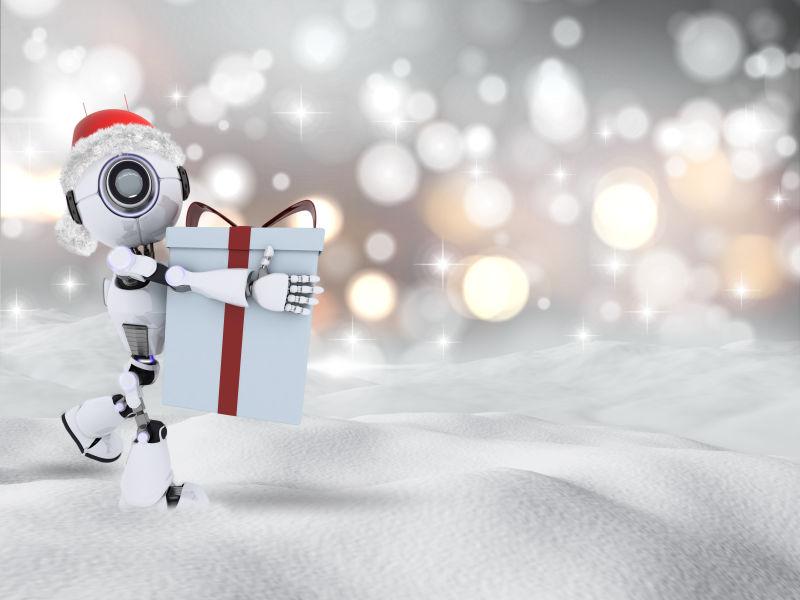 光斑背景下雪地上抱着圣诞节礼物的机器人