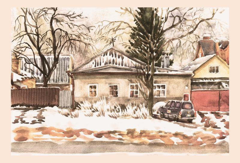 冬季城市的房屋和汽车