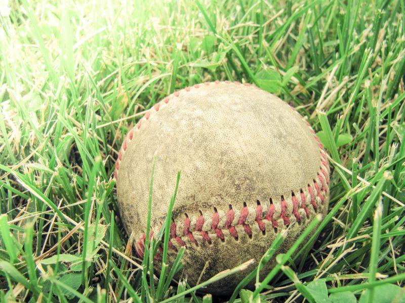 草坪上一个旧的棒球