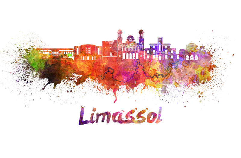 利马索尔城市天际线水彩画