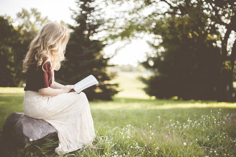 有阳光的公园里穿着白裙子坐在岩石上读书的金发女人