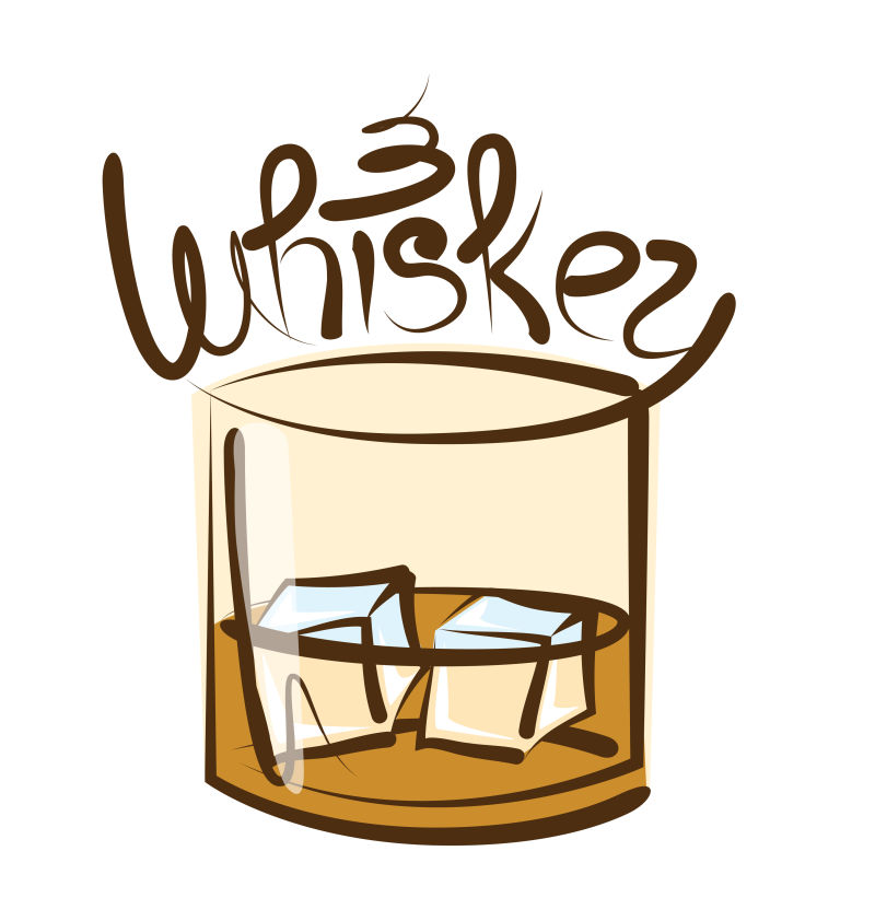 白色背景下泡着冰块的威士忌酒杯