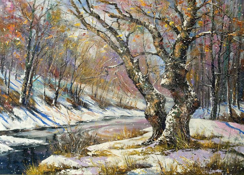 冬景木河油画