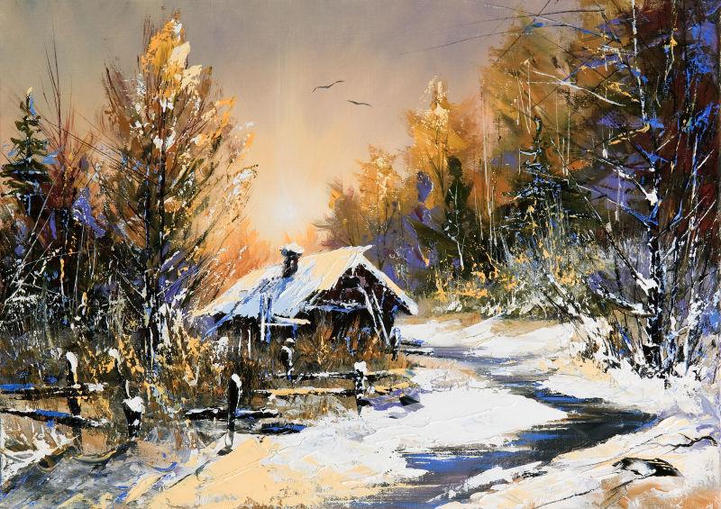 农村冬季景观油画