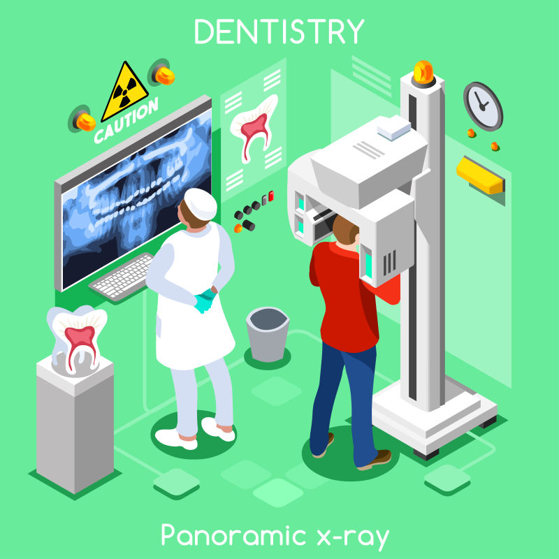 矢量正在照牙齿x射线的卡通插图