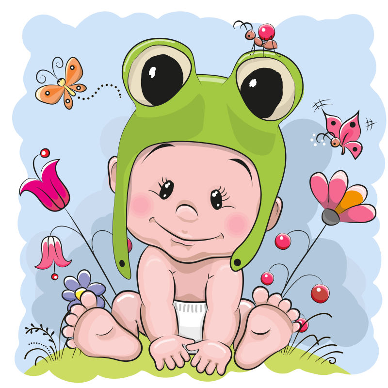戴着青蛙帽子的可爱卡通婴儿矢量插图