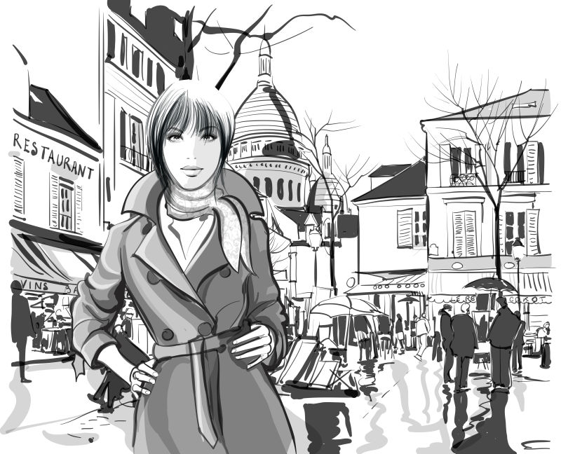 巴黎广场上的女人矢量插图
