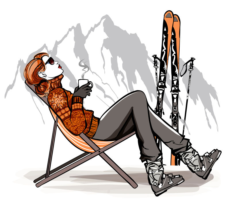 滑雪后休息的女孩矢量插图