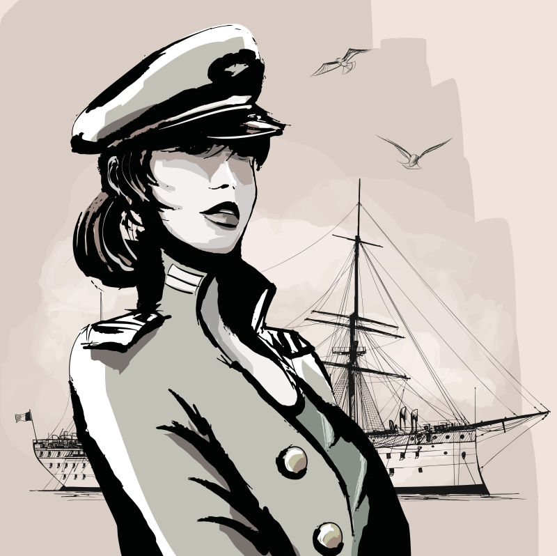 海军军官制服的美女矢量插图