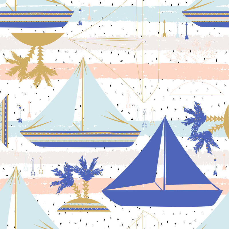 创意矢量彩色条纹有船只元素的手绘背景