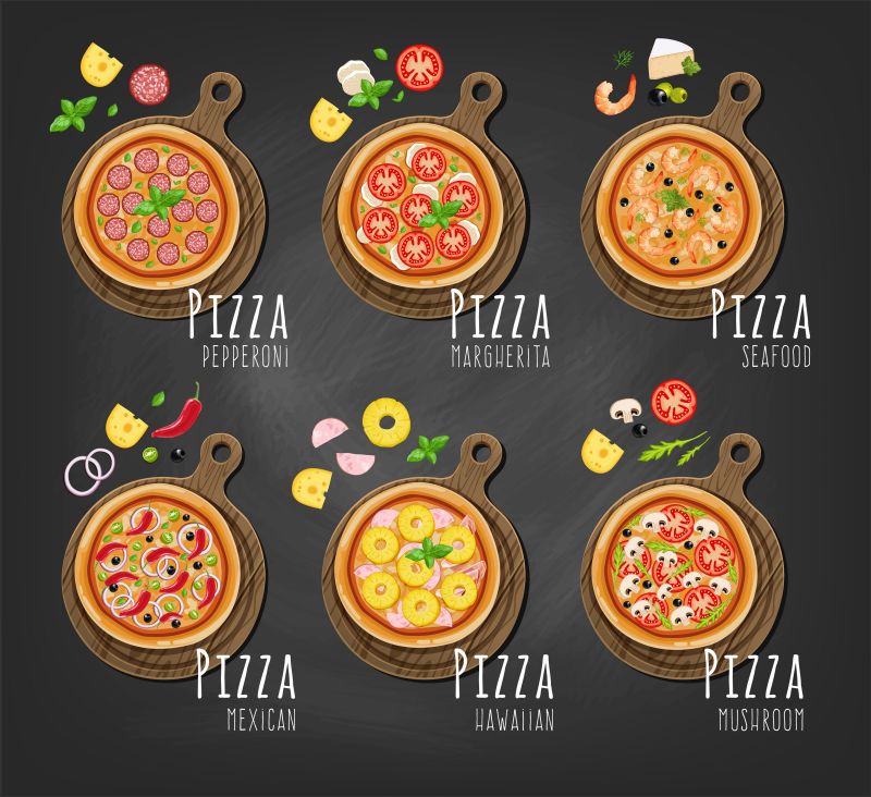 矢量的不同口味披萨插图