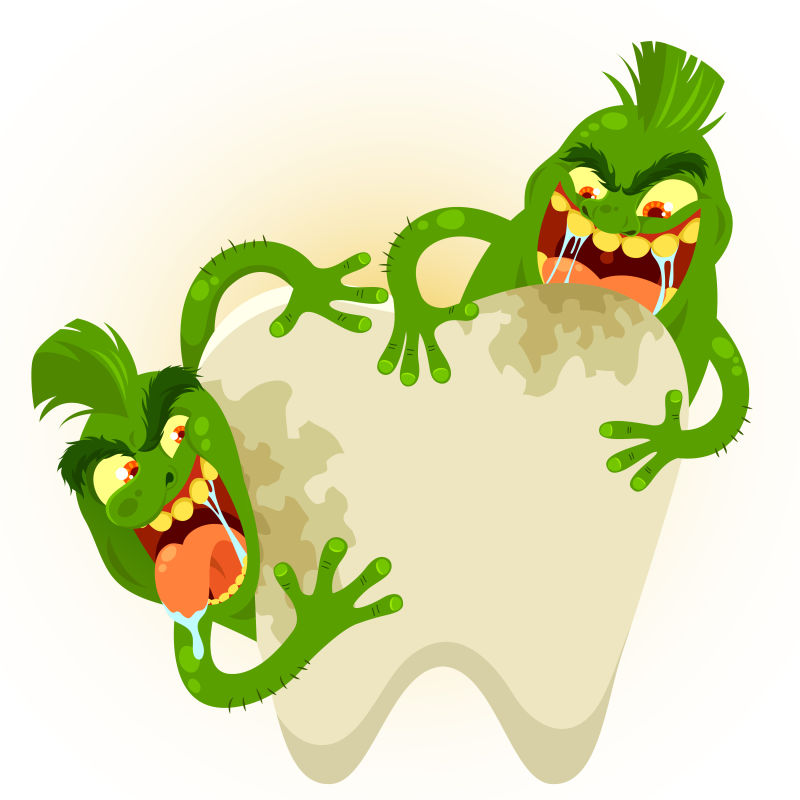 矢量卡通破坏牙齿的细菌插图