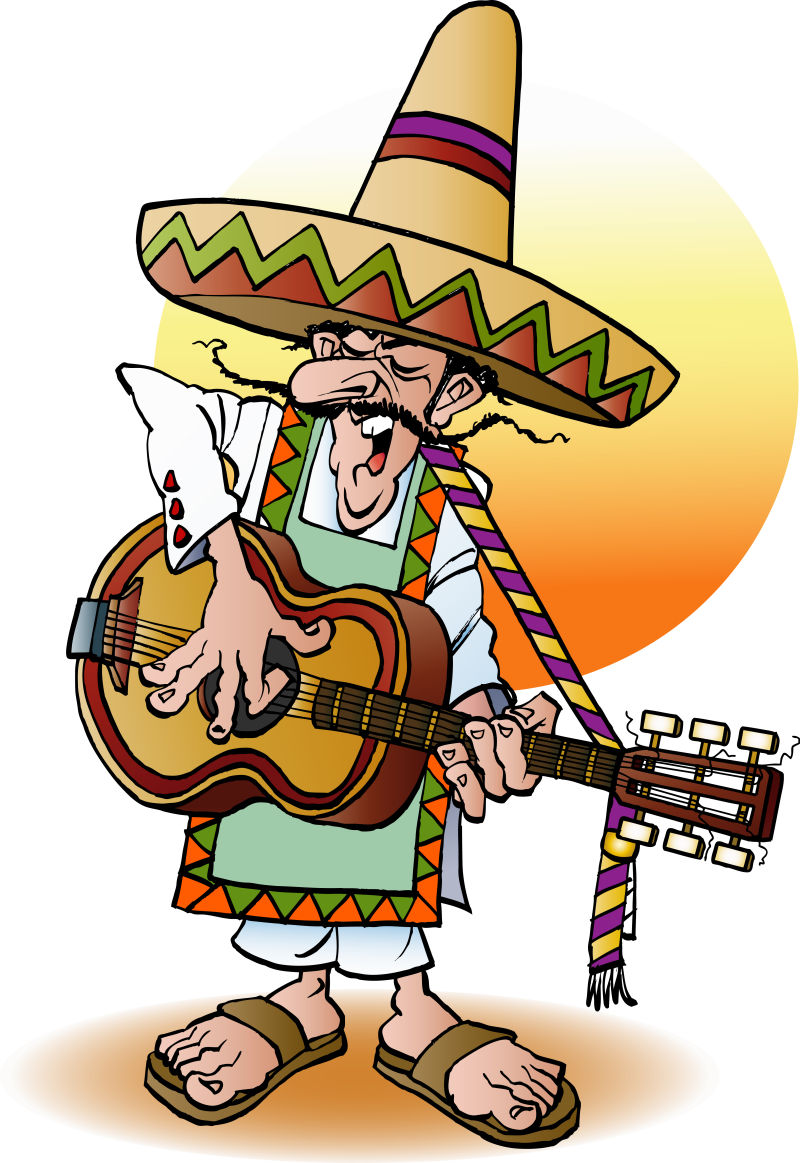 创意矢量墨西哥传统吉他手的卡通插图