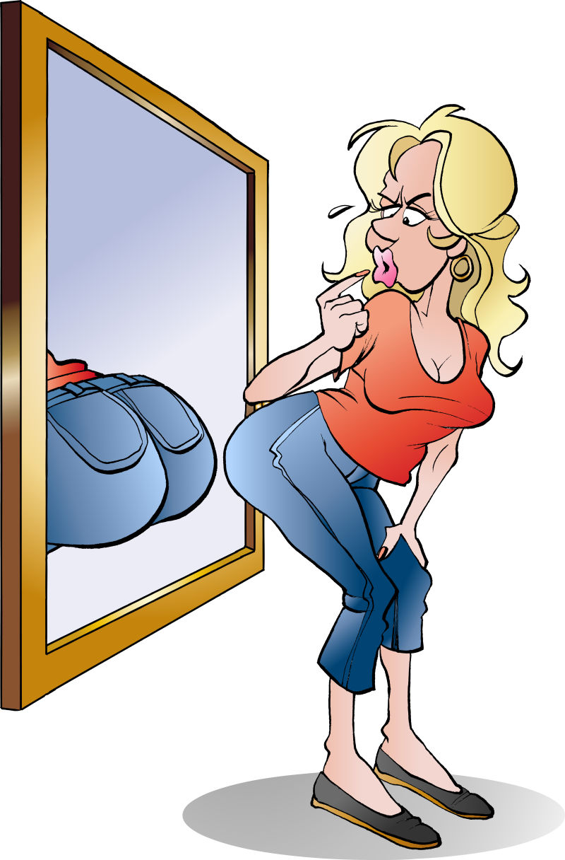 矢量女人在照镜子的卡通插图