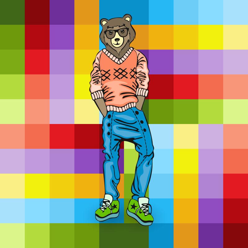 矢量彩色马赛克背景上的拟人化的熊