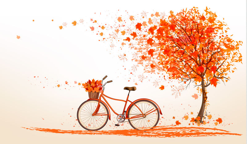 红色的自行车和红枫树矢量插图