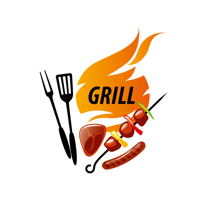 矢量创意烧烤工具和烤肉的标志设计