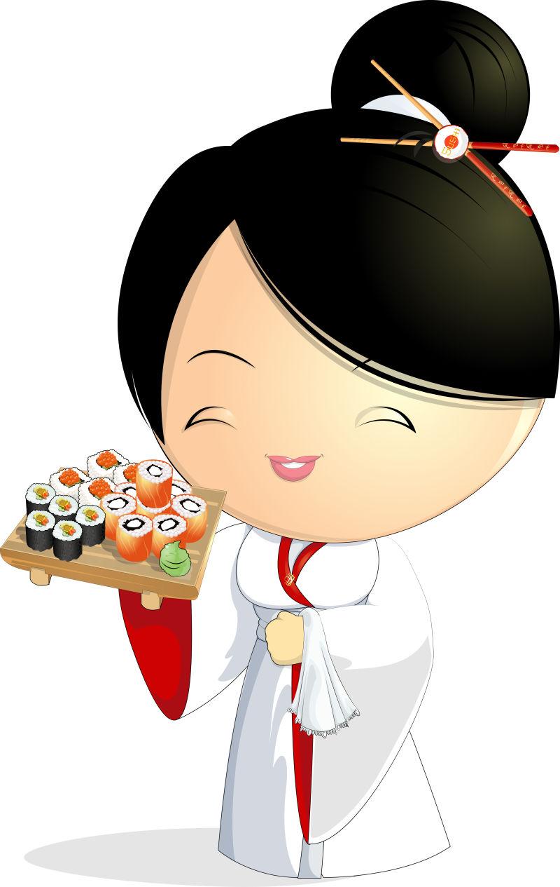卡通女人端着寿司
