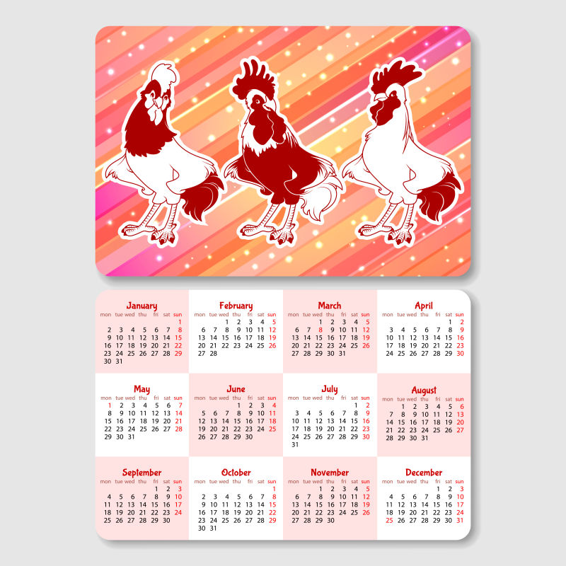 矢量的红色公鸡插图日历
