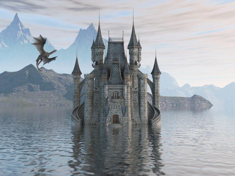 水上城堡和飞龙的3D插图