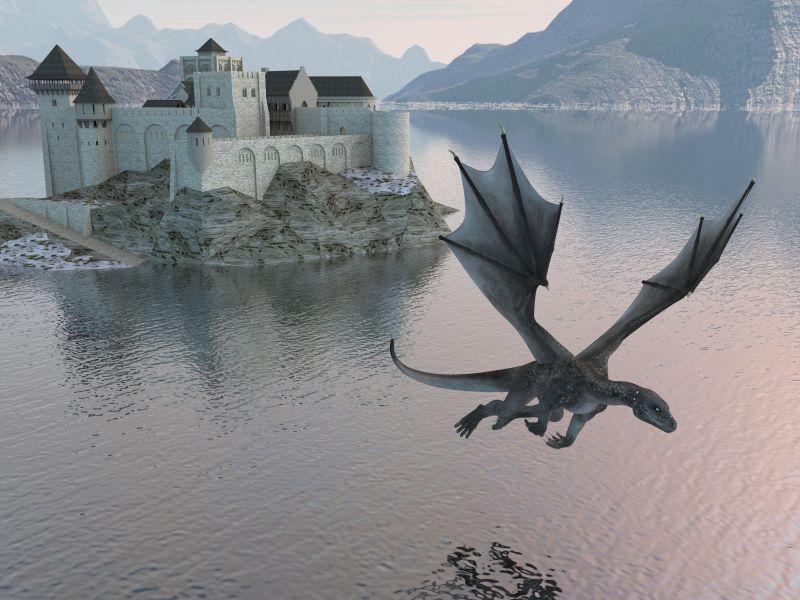 水中城堡和水龙的3D插图