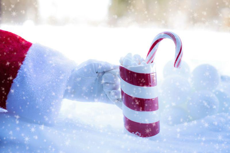 白色的雪地里手里拿着一杯棉花糖