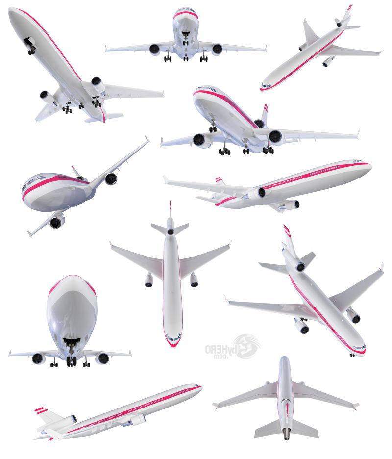 白色背景上各种飞机模型角度