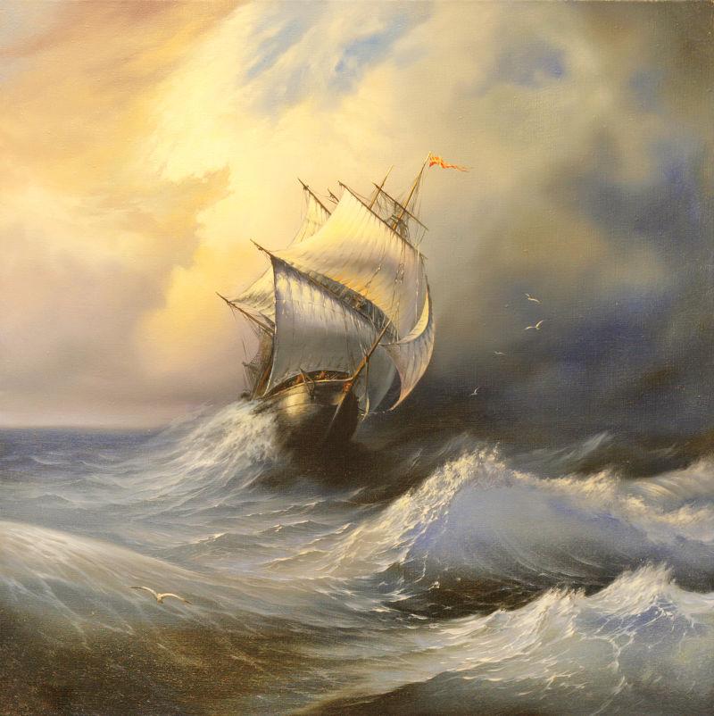 风浪中的古代帆船
