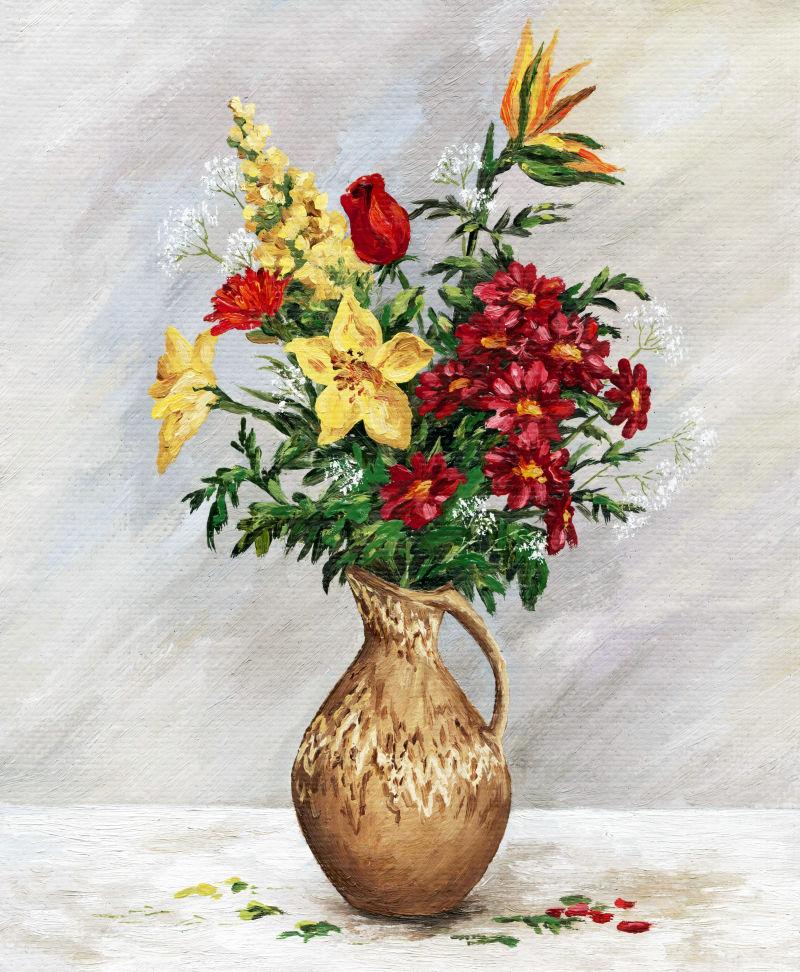 白色背景下红色和黄色的花在褐色的花瓶里的油画