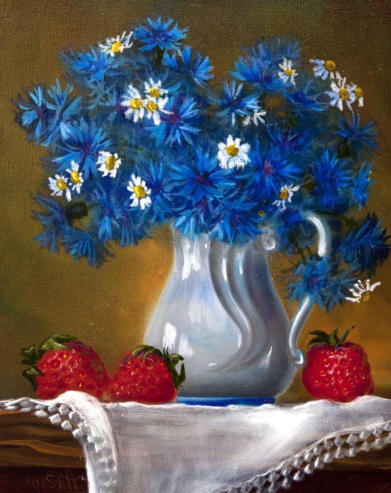 褐色背景下白色瓷瓶里的蓝色花朵油画