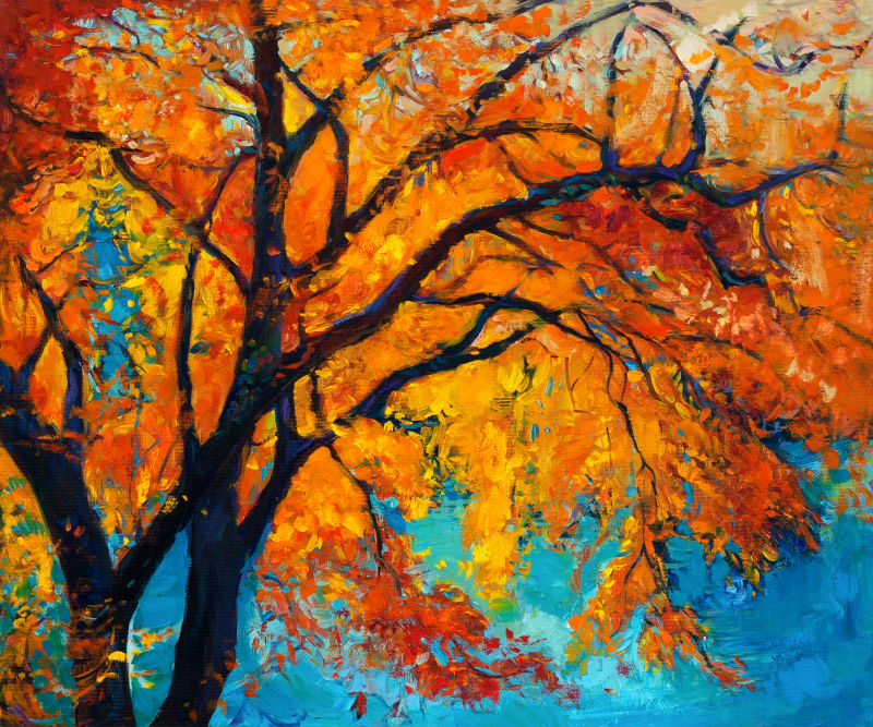 一副秋天的树油画