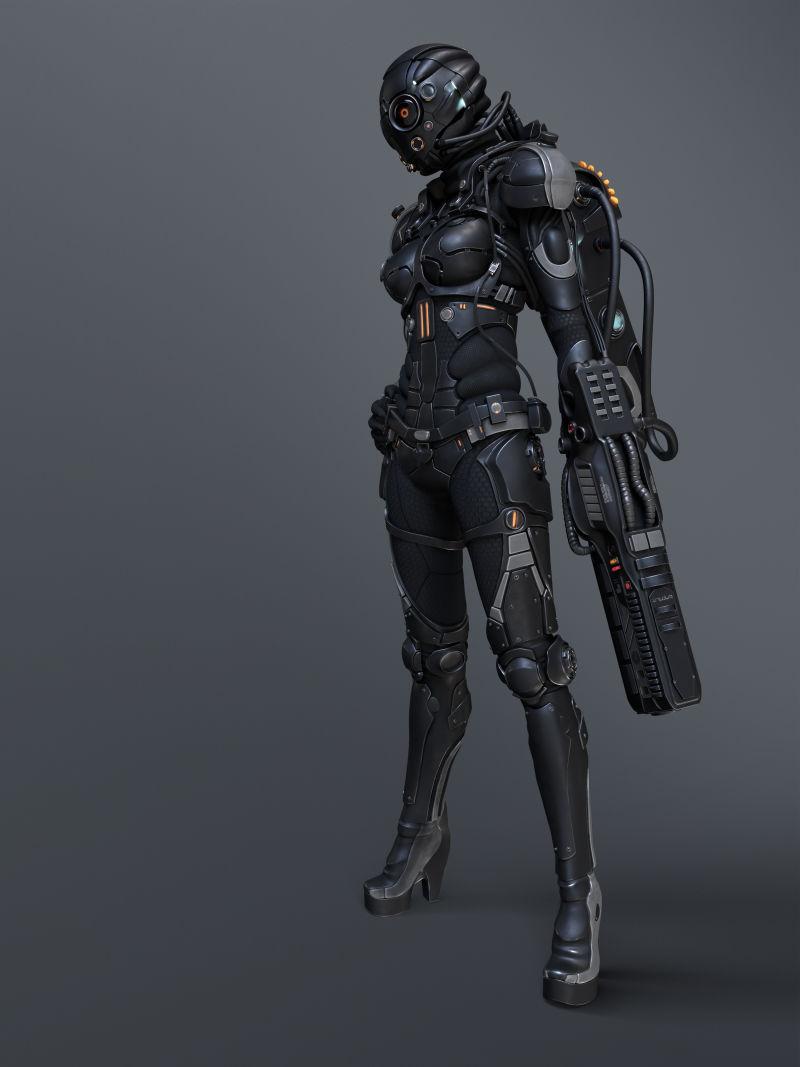 灰色背景下拿着手枪的站立的女性机器人设计