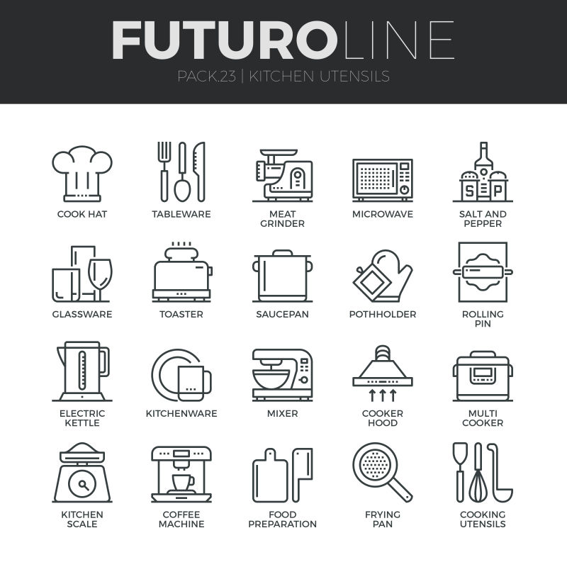 创意矢量厨房用具的线性图标设计