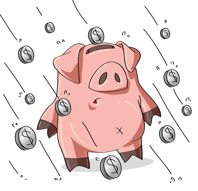 站在硬币雨里的小猪存钱罐矢量插图