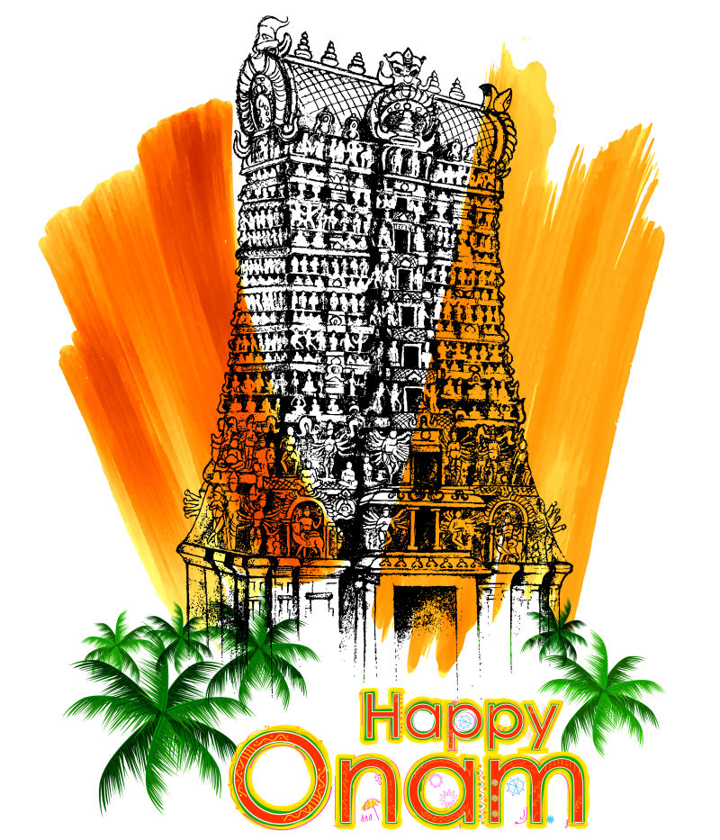 印度欧南节庆典背景下的梅纳基寺矢量插图