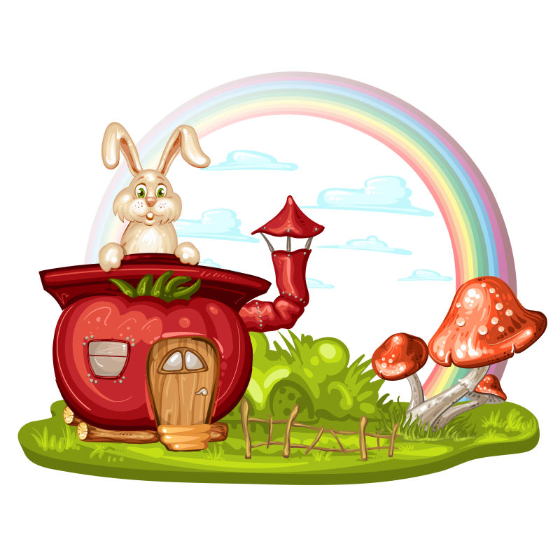 矢量卡通彩虹下的番茄屋和蘑菇兔子