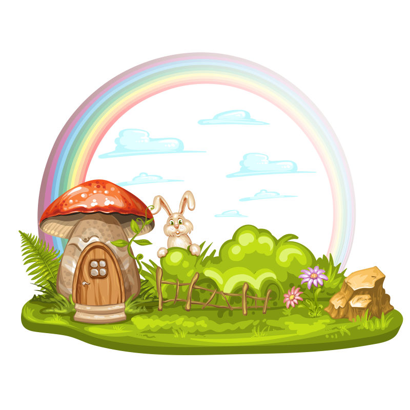 矢量卡通彩虹想的蘑菇屋和兔子