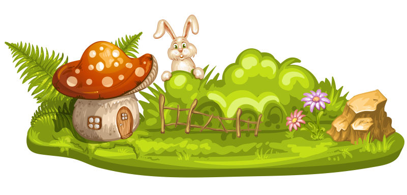 创意矢量卡通蘑菇屋和兔子