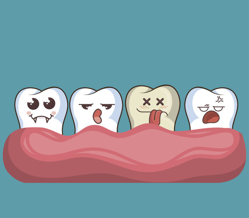 矢量四个不同表情的卡通牙齿