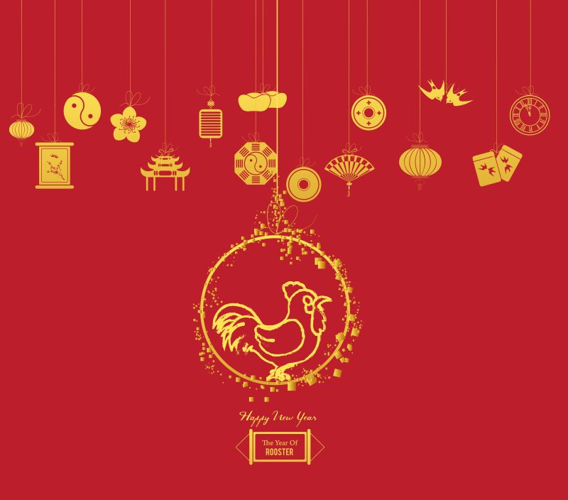 金色公鸡图案的新年贺卡矢量设计