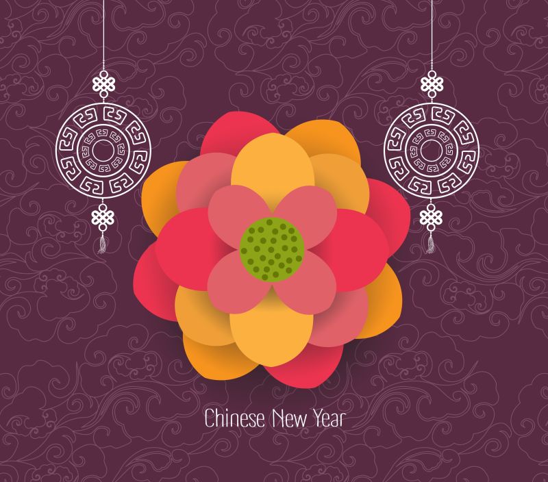 彩色鲜花图案的中国新年贺卡矢量设计